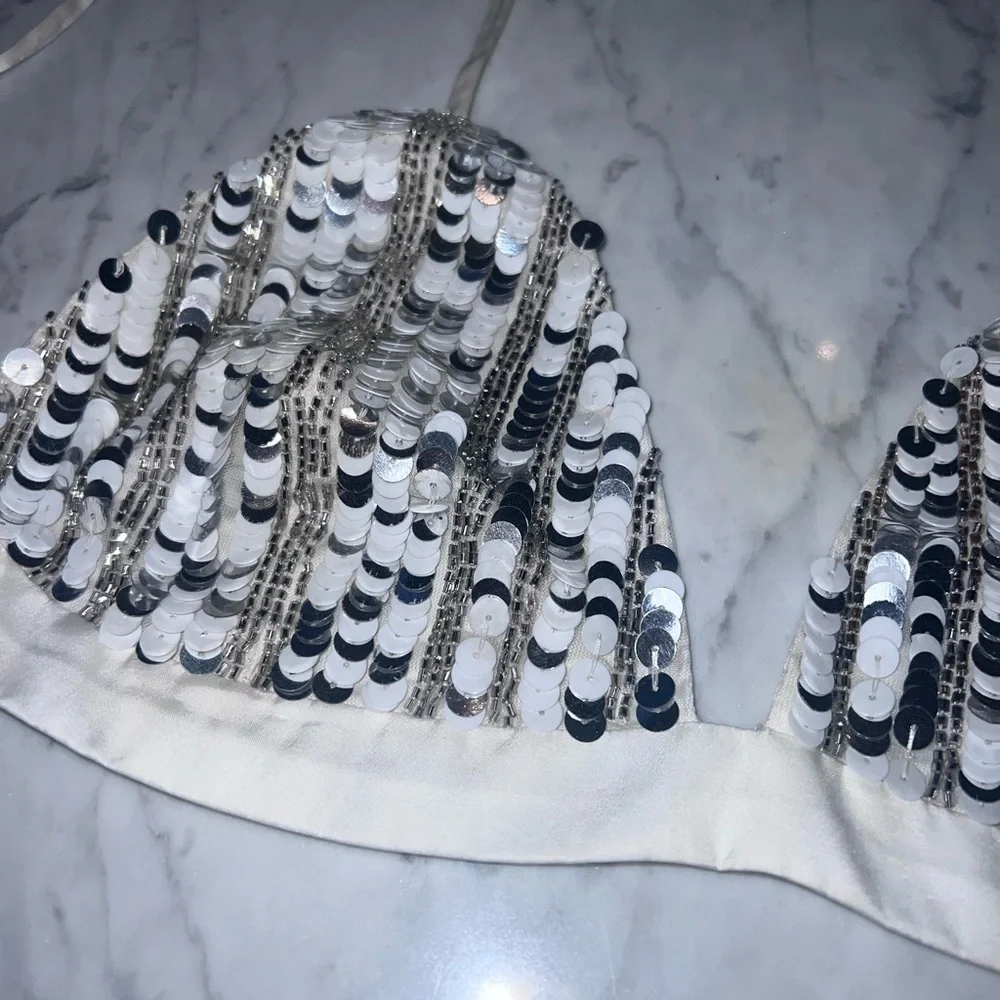 Retrofete white satin bralette with silver sequins - Picture 2 of 5